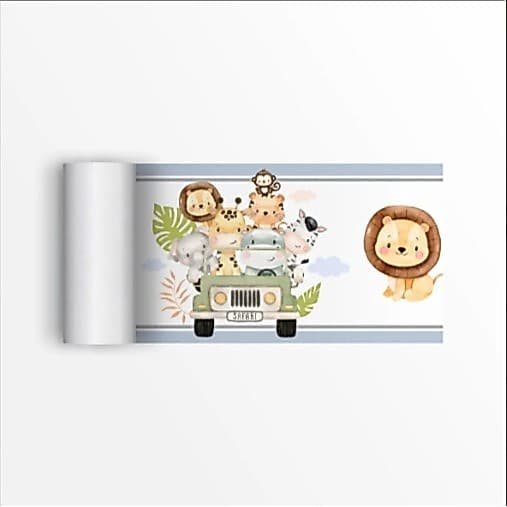 Faixa Decorativa Infantil Bebê Papel Parede Safari Animais colorido personalizado