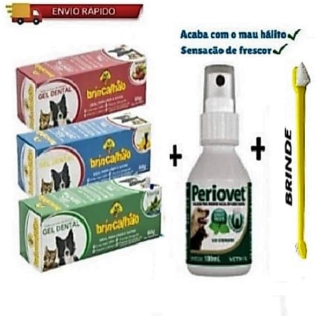 Kit Dental Pet - Periovet Soluçao Higiene Bucal Sabor Menta 100ml + Pasta de Dente Brincalhão 60g Escova Dental Dupla