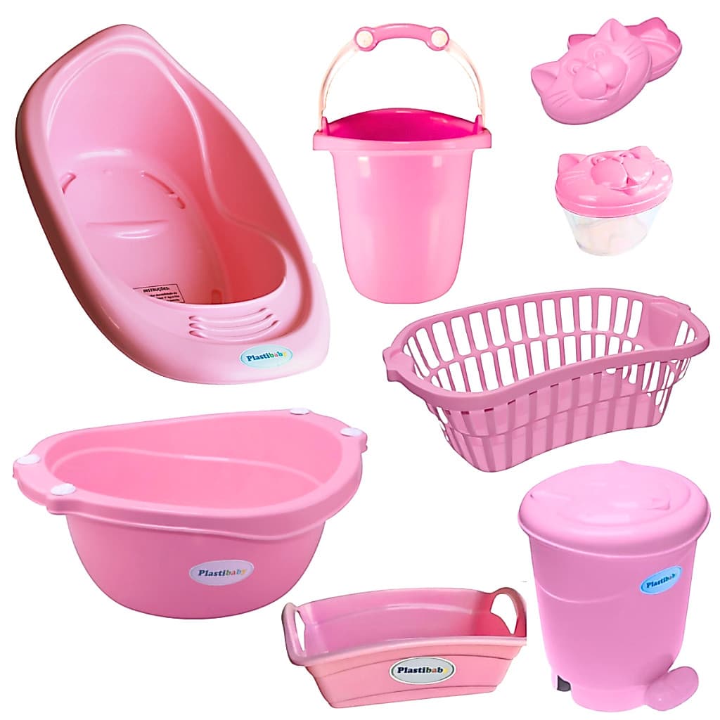 KIT BANHEIRA DE BEBE + ORGANIZADOR + LIXEIRA + CESTO TELADO+PORTA ALGODÃO + SABONETEIRA-Varias Cores