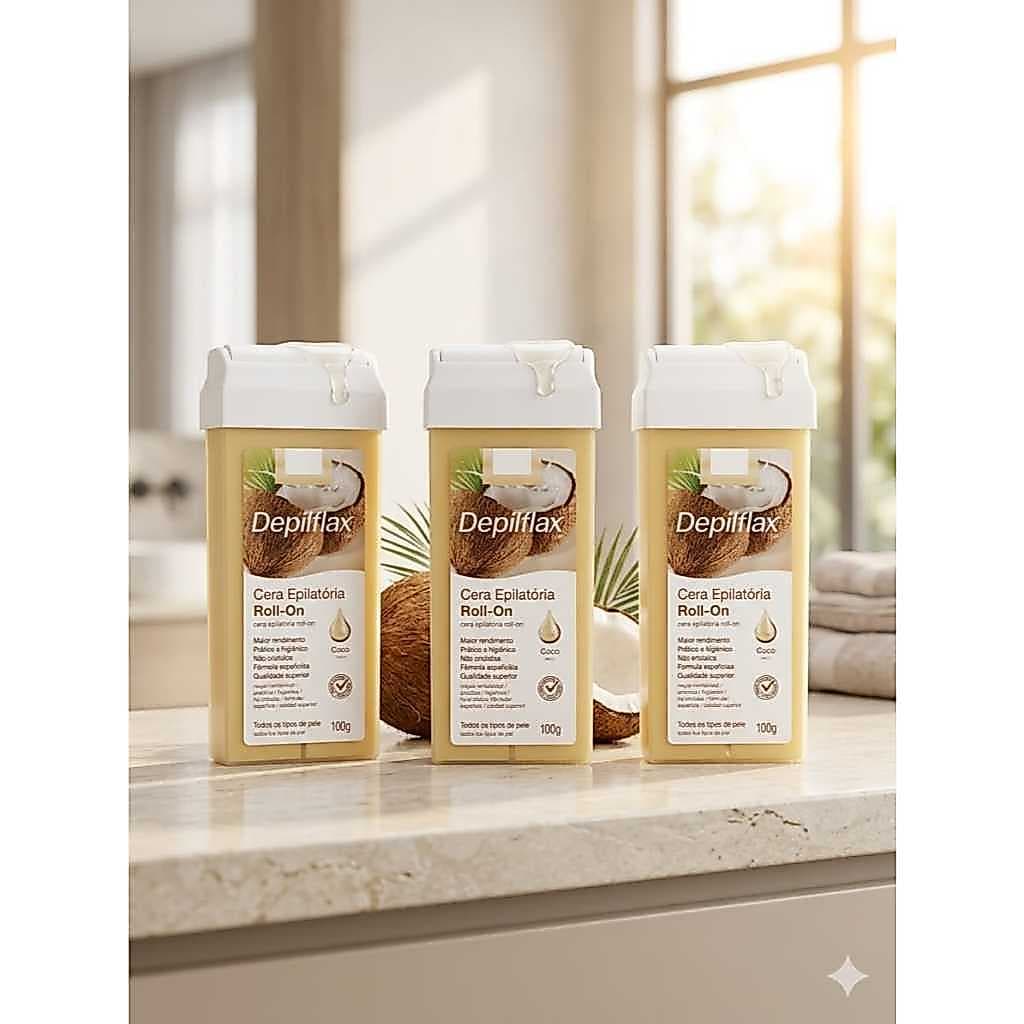 Kit 3 Ceras Roll On de Coco Depilflax 100g Refil