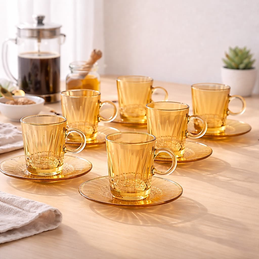 Jogo 6 Xícaras de Vidro Premium Dourado de 120ml com Pires – Elegante, Resistente e Moderno