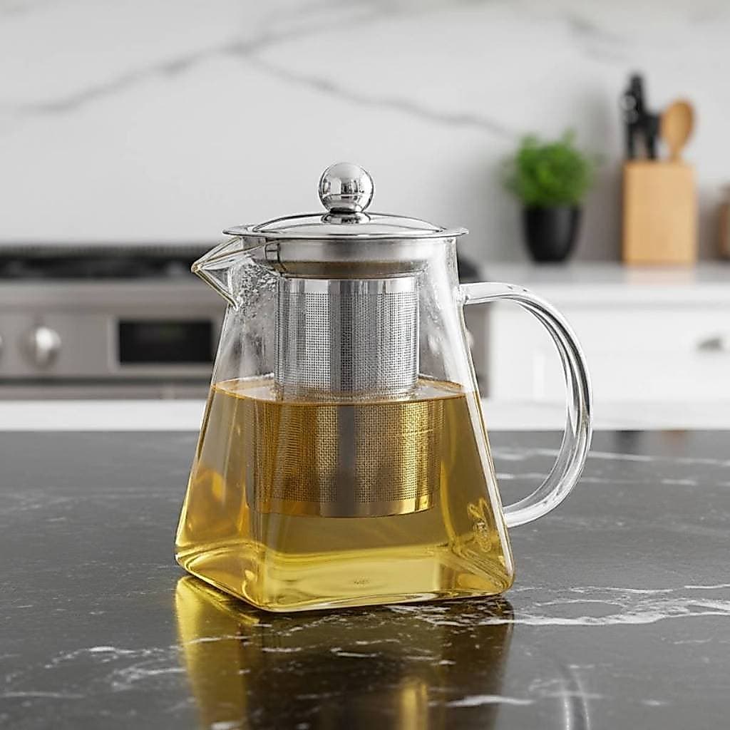 Chaleira Bule de Vidro Quadrada 550ml Borossilicato - Com Infusor de Aço Inox Resistente ao Fogo