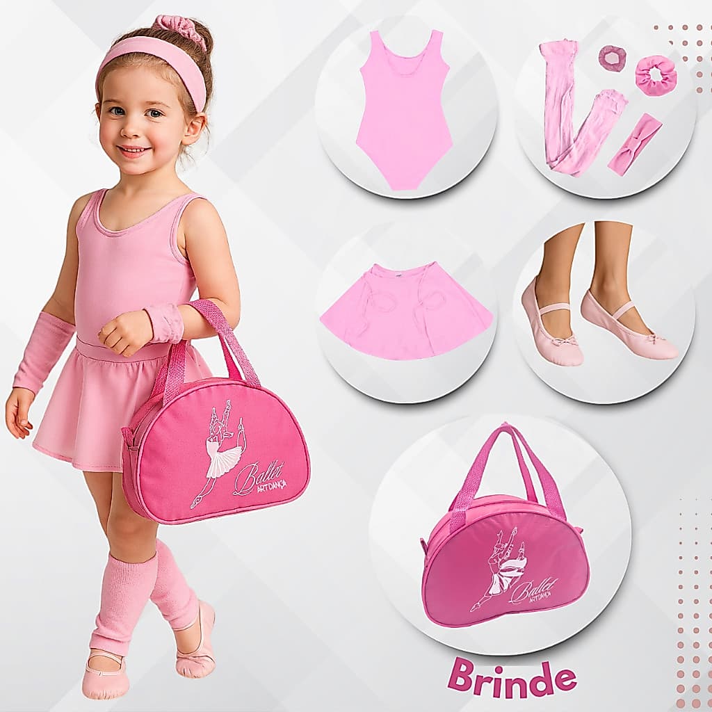 Kit Ballet Feminino Rosa 7 Peças + Bolsa Brinde 2 a 12 Anos