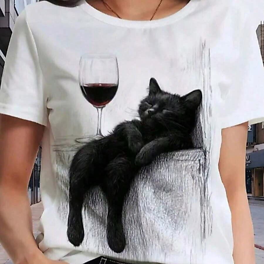 Camiseta Feminina Gato Preto Estampada Camisa Taça de Vinho Tinto Blusa Feminina 100% Algodão Camisetas Gato Fofo