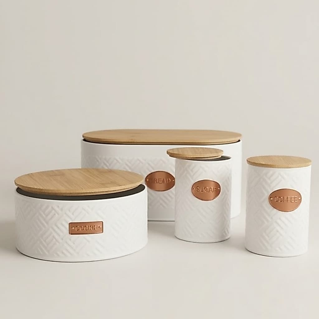 Kit Porta Biscoito, Pão, Açúcar, Café Metal Branco e Bambu