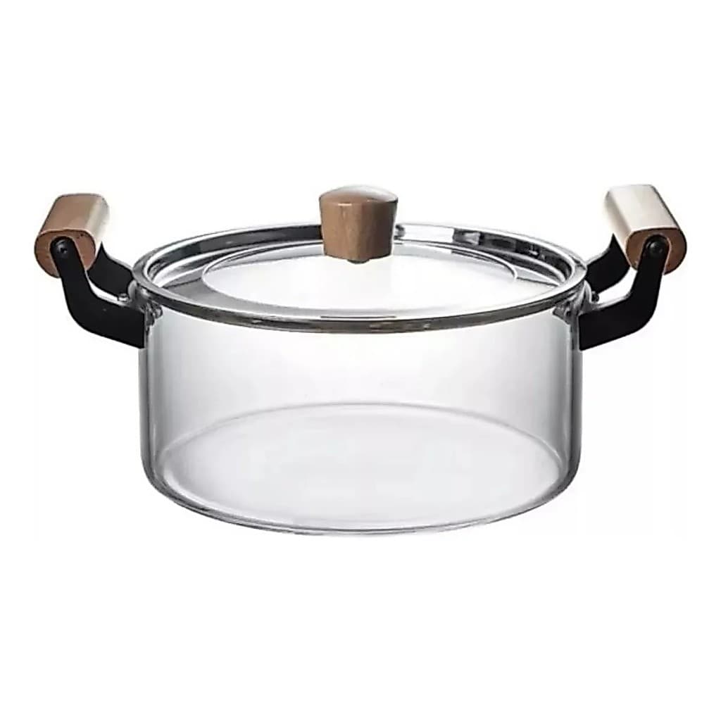 Panela Caçarola De Vidro Com Tampa, Alça de Madeira 3,2L Transparente