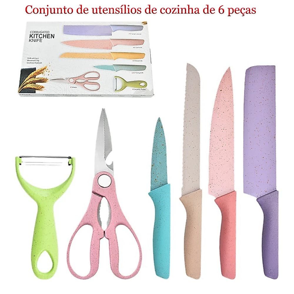 Kit Facas Cozinha/Churrasco 6 Peças - Antiaderente Profissional - Cores Preto/Colorido