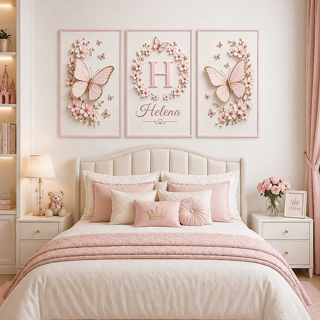 Kit 3 Quadros Decorativos Borboletas Rosa Floral Personalizado Nome Para Quarto de Menina Feminino
