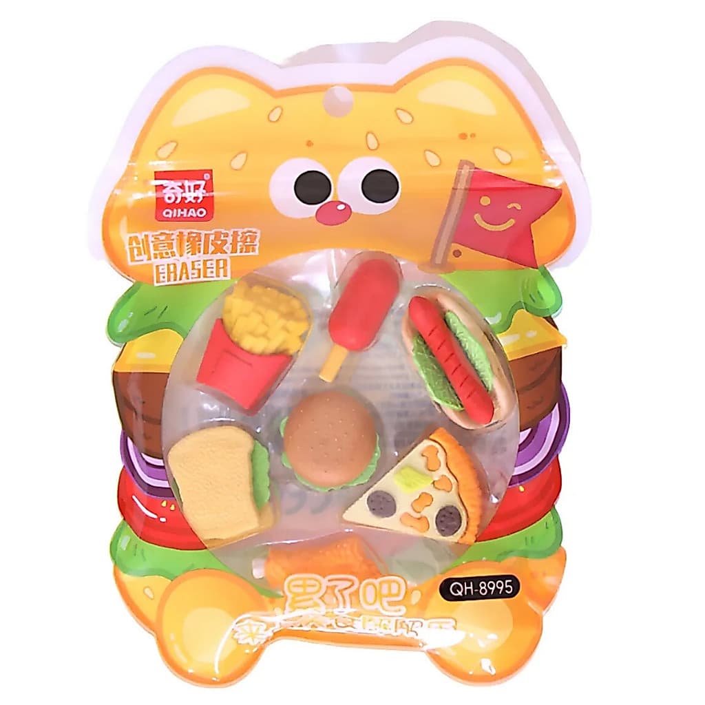 Kit De Borracha Divertida Lanches Fastfood C/ 07 Borrachas Escolar Pizza Hot Dog Batata Frita