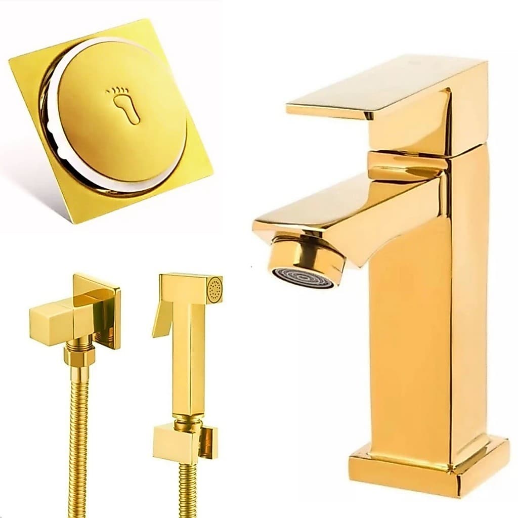 Kit BANHEIRO DOURADO OURO Ducha Higiênica + Torneira Água Fria + Ralo 10x10 Dourado