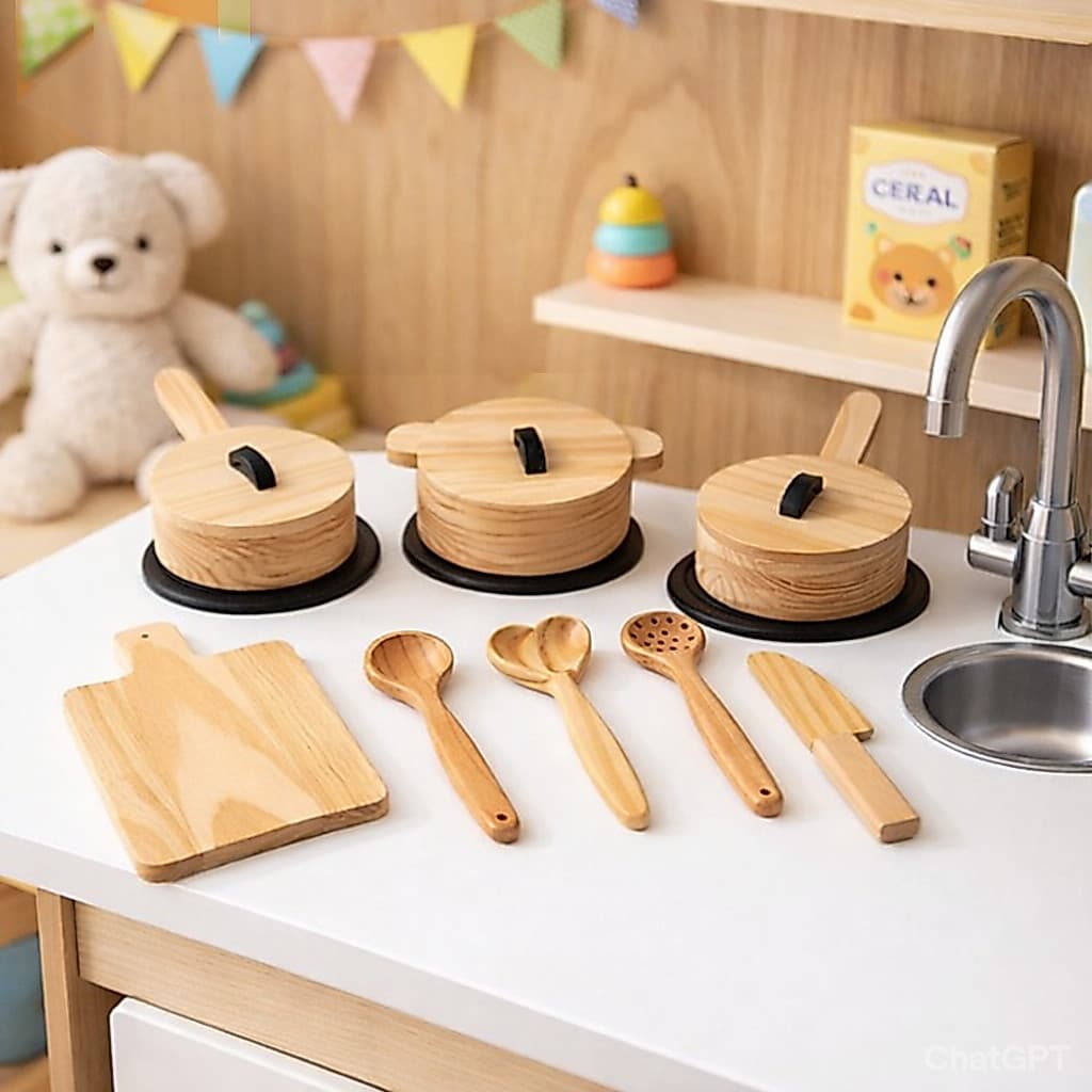 Kit Cozinha Infantil de Madeira Montessori com Panelinhas e Utensílios Brinquedo Educativo