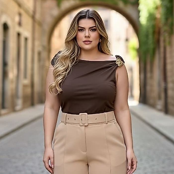 Blusa Feminina Elegante Plus Size Suplex Premium Fivela DouradaEstilosa Ombro a Ombro Ciganinha