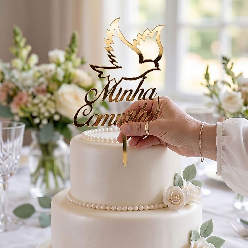 Topo de Bolo Minha Comunhão Acrílico Espelhado – Dourado, Rosé e Prata | Decoração Religiosa