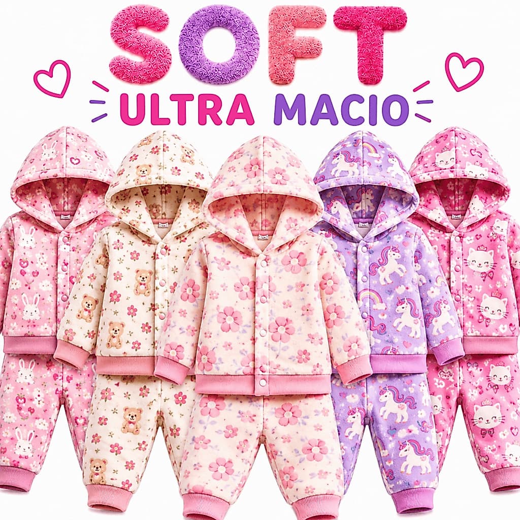 Kit 2 Conjunto Soft Quentinho Infantil Inverno Bebê Roupa Frio Quentinha Menina 1 2 3