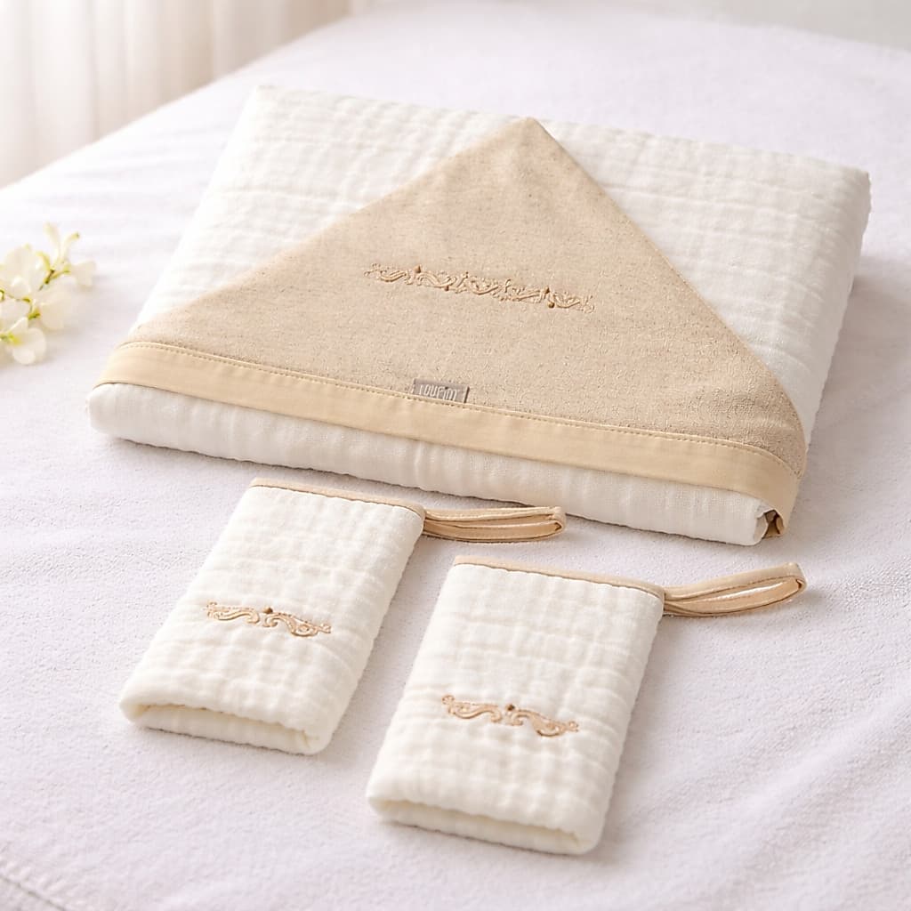 Kit Bebê Toalha Fralda Soft 3 Camadas 100x85cm Capuz + 2 Fraldas de Boca 100% Algodão Recém-Nascido