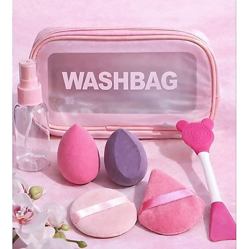 Kit Necessaire com Acessórios para Maquiagem  Rosa  Esponjas, Puff , pincel e Frasco Spray para Viagem organização