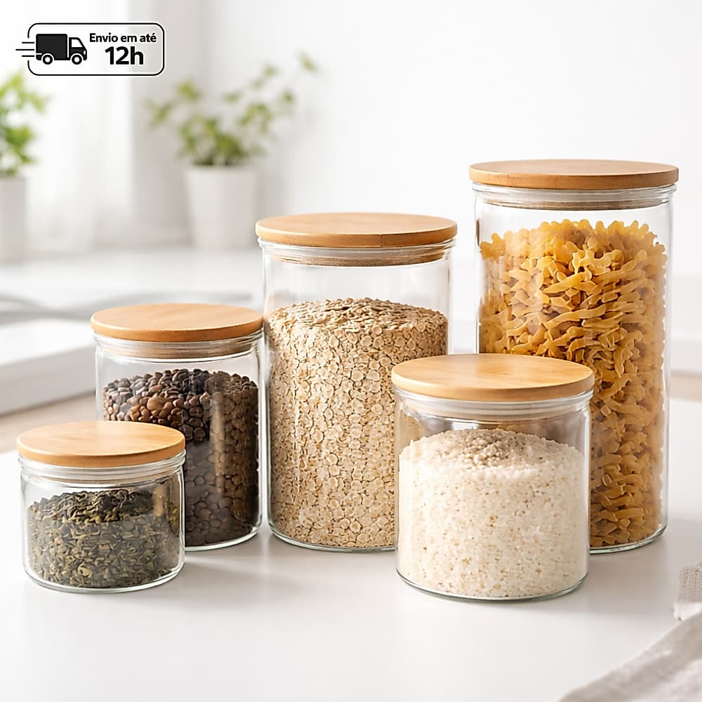 Kit Potes Vidro Redondo Tampa Bambu Hermético Porta Mantimentos Alimentos Temperos Cozinha Premium