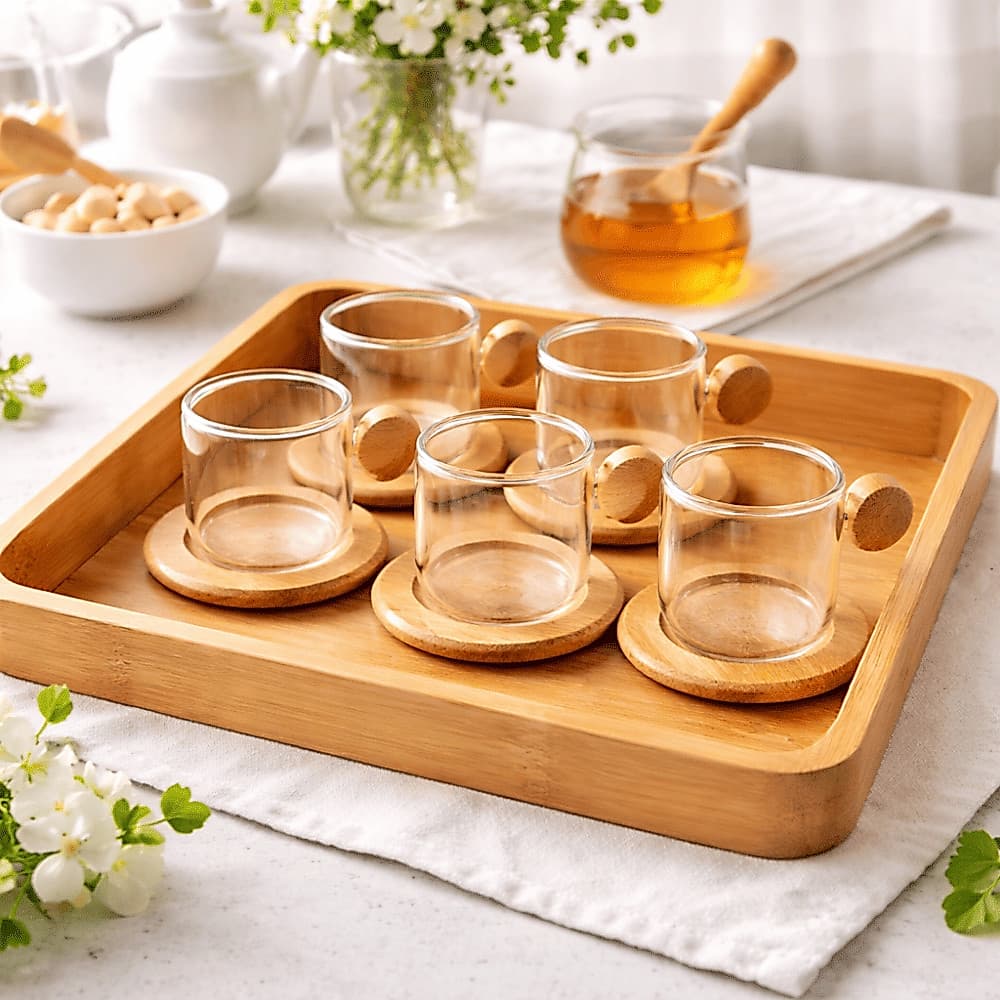 Jogo de Xícaras de Vidro Café 125 ml Pires E Bandeja Bambu Premium