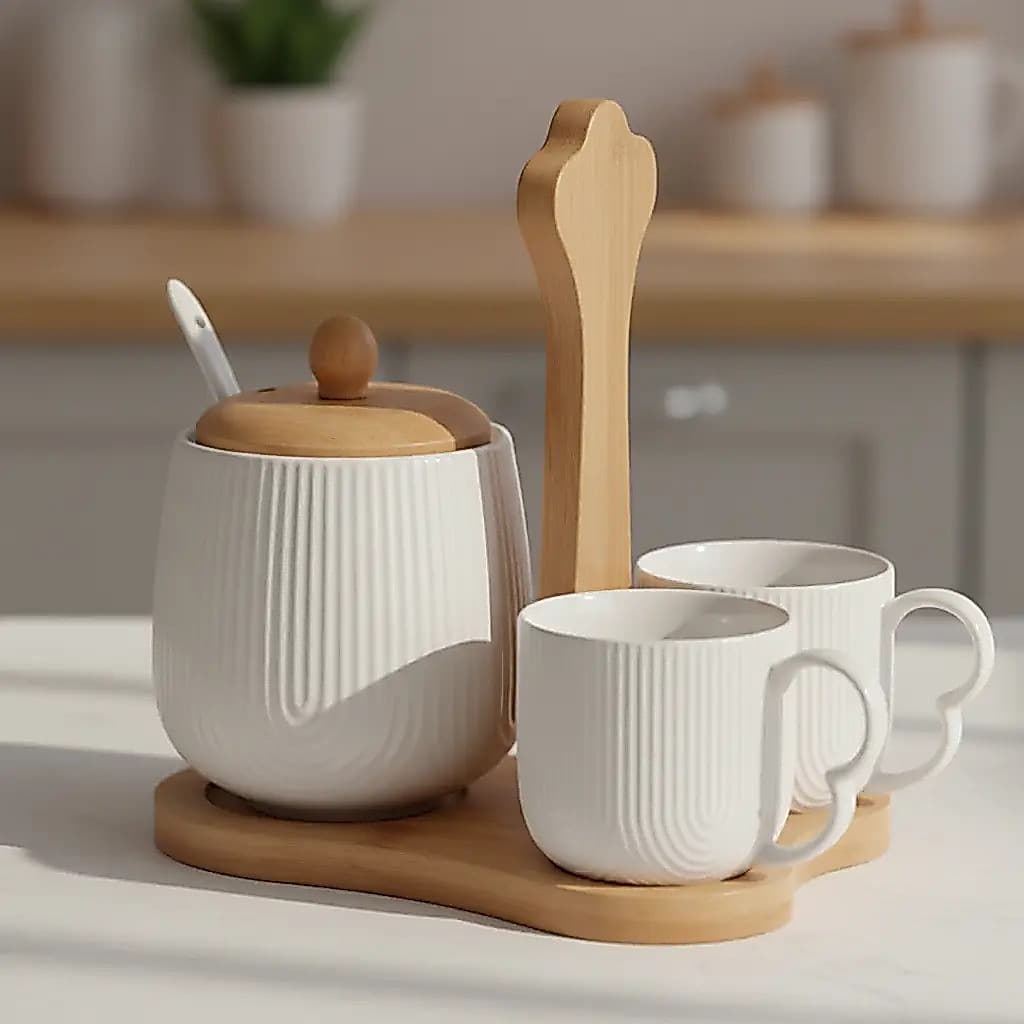 Jogo Café Chá Branco Preto Oásis 4 Peças Xícaras Com Açucareiro e Suporte - Hauskraft