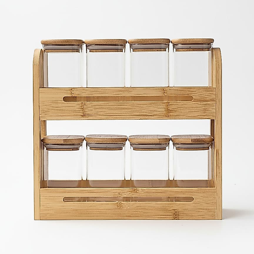 Jogo 8 Potes De Vidro Para Temperos Com Suporte De Bambu
