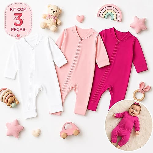 Kit 3 Macacões De Bebê Suedine Com Zíper Frontal E Vira Pé