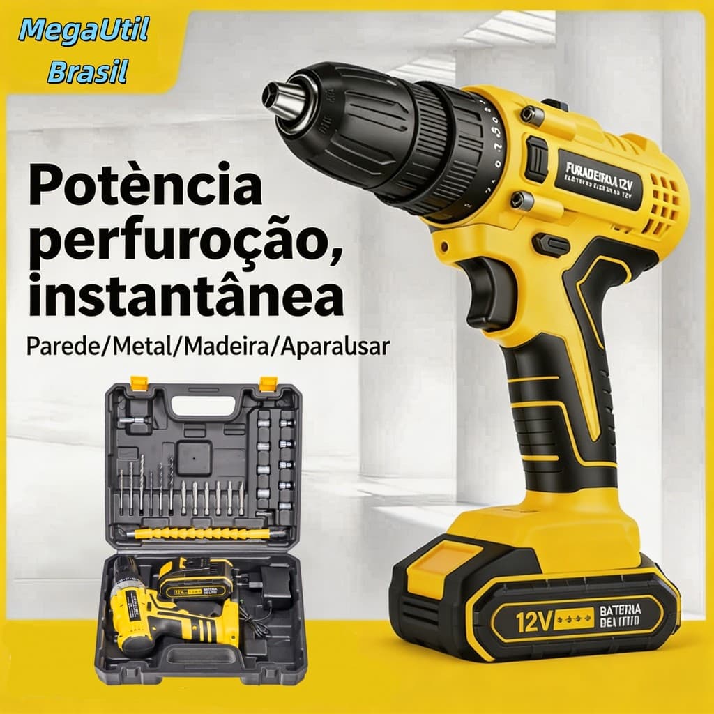 Furadeira 12V Recarregável com Impacto Kit Completo Uso em Madeira Parede e Metal