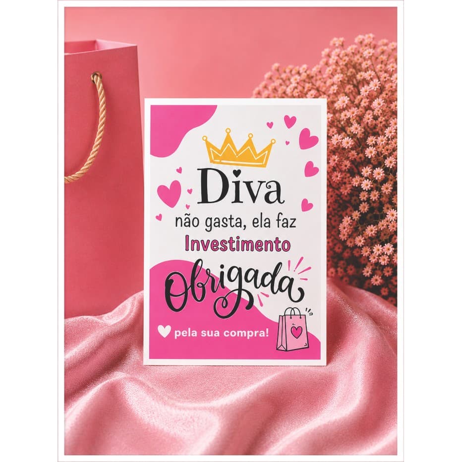 50 Cartão DIVA Agradecimento Cliente Mimo Rosa Obrigada Pela Compra 7X10cm