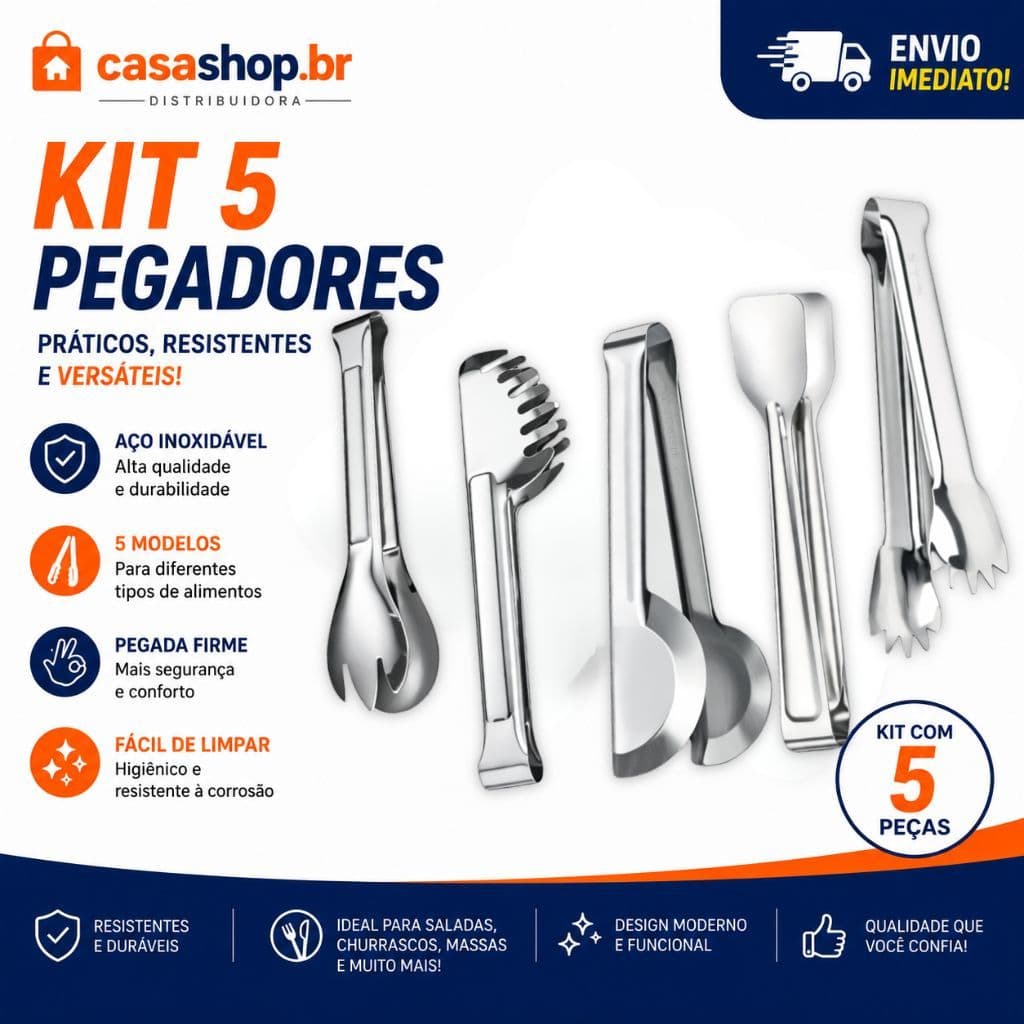 Kit 5 Pegador De Alimentos Inox Universal Carne Churrasco Massas Saladas Gelo Utensílio Para Cozinha