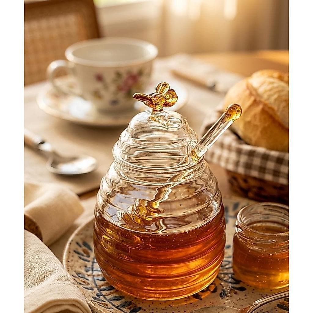 Meleira De Vidro Cristal Colmeia Com Colher Abelha Porta Mel Lindo Para Mesa Posta AD CASA