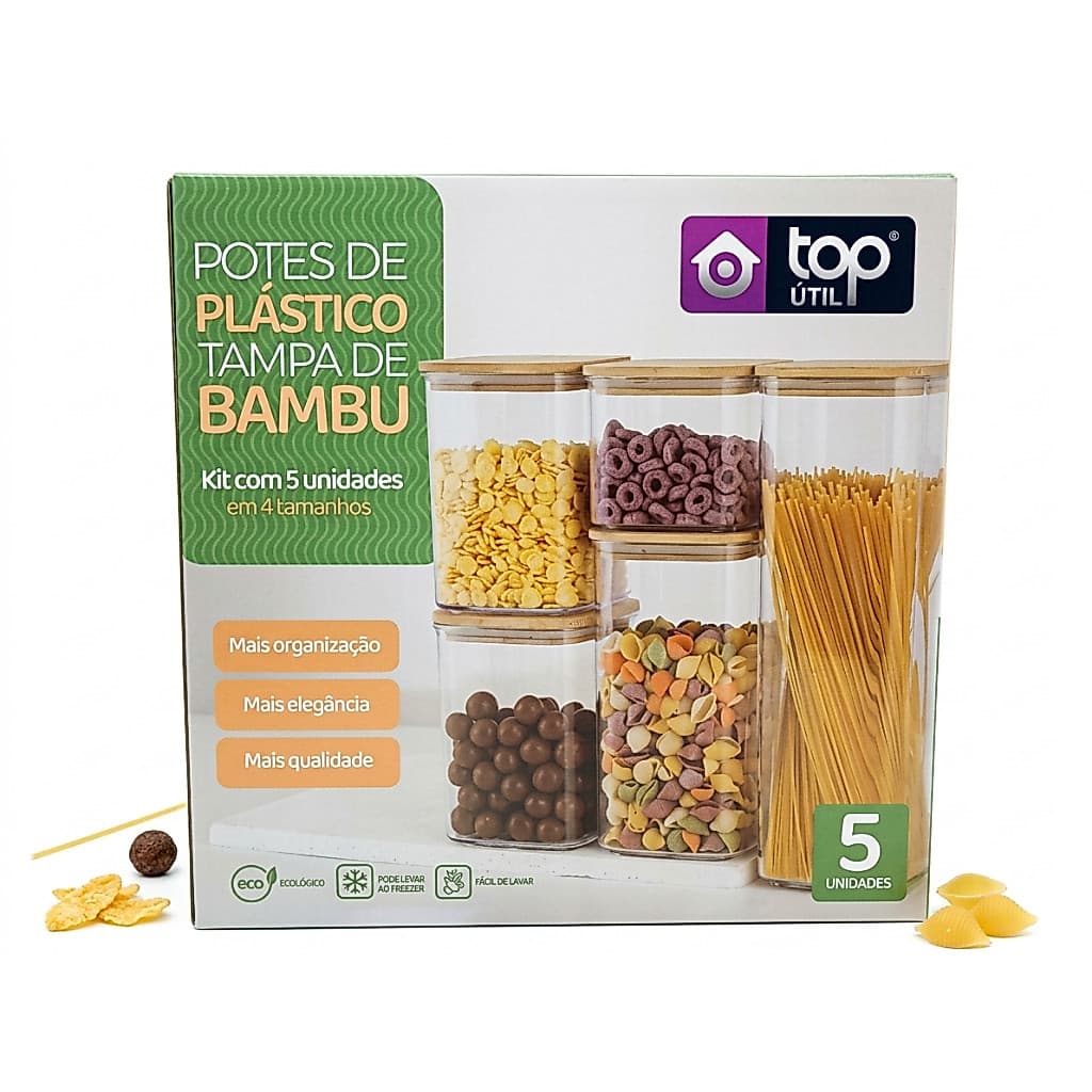 Kit 5 Potes Organizadores Herméticos Plástico acrílico  Com Tampa De Bambu Cozinha