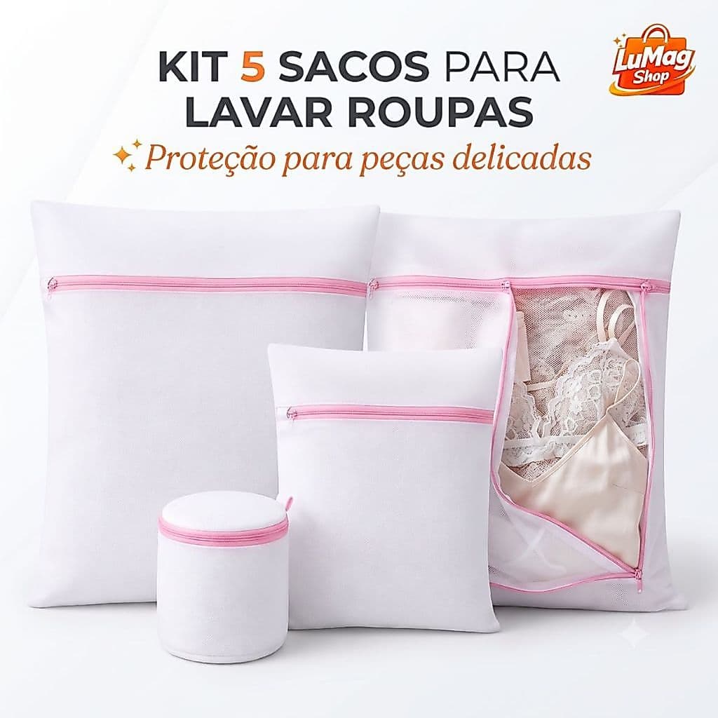 kit 5 Sacos Lavar Roupas com Zíper Protetor de Peças Delicadas para Máquina Organizador Branco