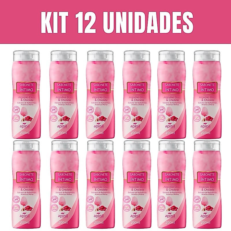 KIT 12 Sabonetes Íntimo Corporal APINIL 200ml - Fragrância ALGODÃO DOCE & CHICLETE