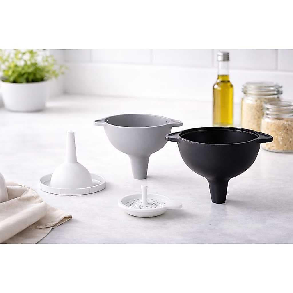 Kit Funil 3 Peças Com Peneira Filtro Para Cozinha Óleo Grãos Sem Sujeira Plástico Reforçado
