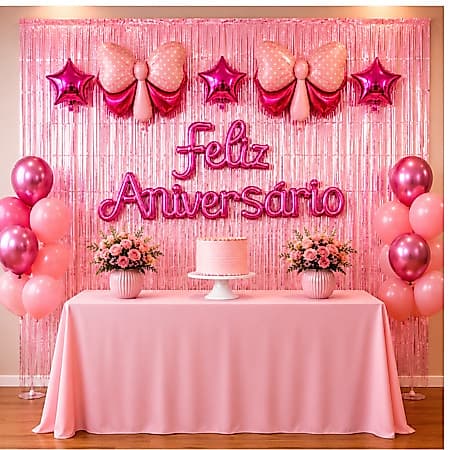 Kit Decoração Festa Aniversário Cortina Metalizada, Balões e Feliz Aniversário