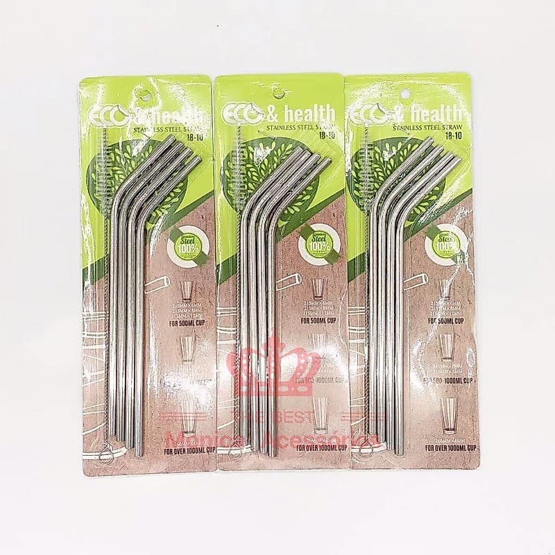 4 Canudos Reutiliz ável Curvo De Aço Inox +Escova