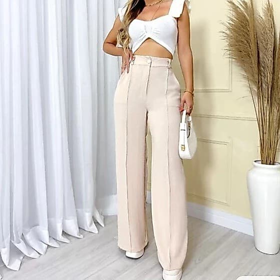 CALÇA FEMININA PANTALONA WIDE LEG DUNA COM BOTÃO TENDENCIA 2025 COM FORRO