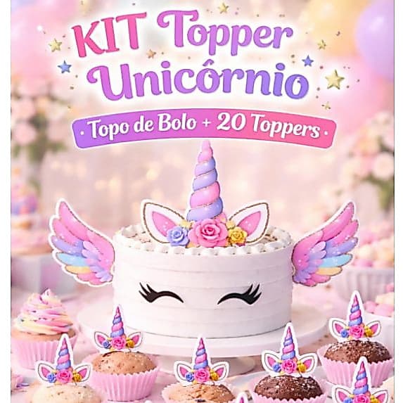 TOPO/TOPPER Unicórnio kit topo de bolo+20 topper de docinhos tema unicórnio.