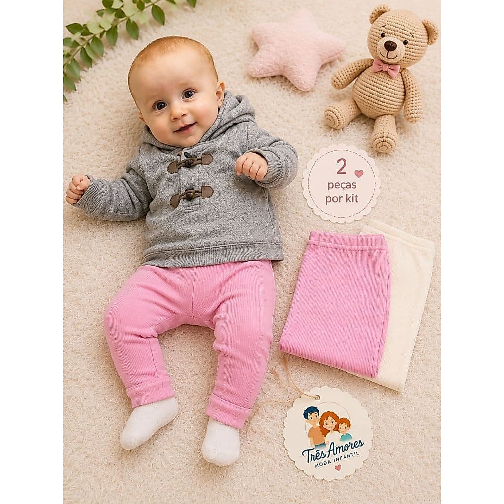 Kit 2 Calças Mijão Bebê Algodão Canelado RN P M G