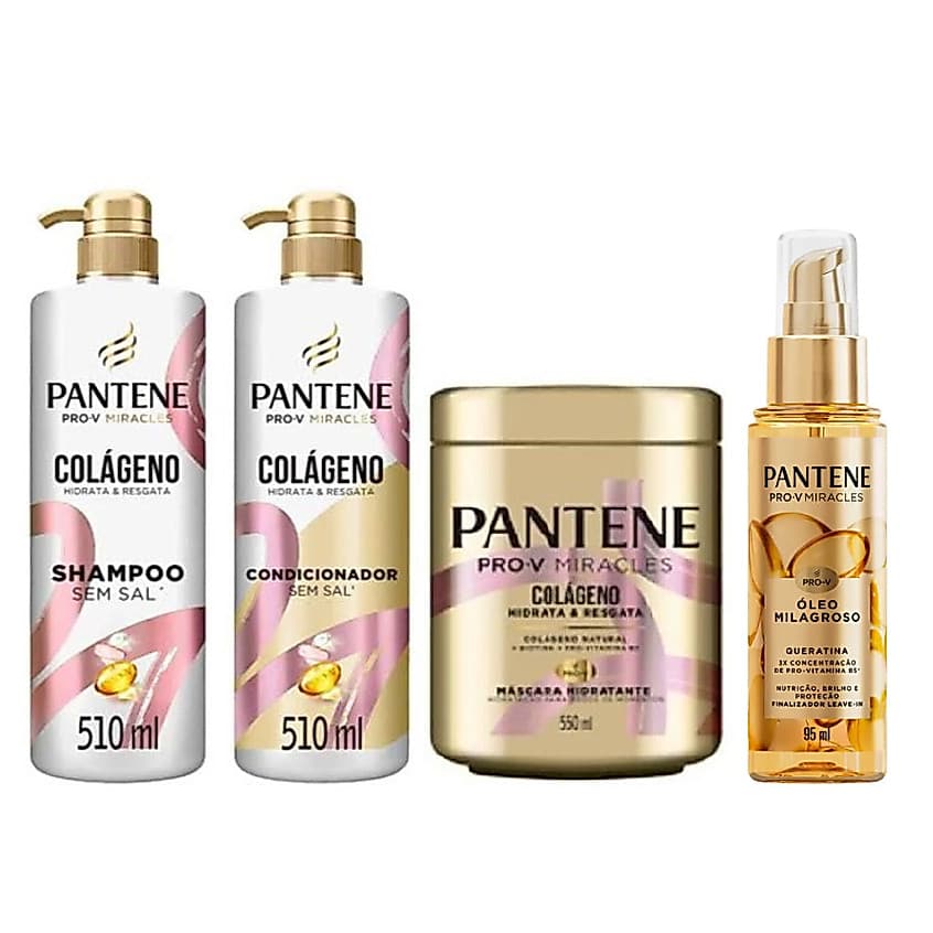 Kit Pantene Shampoo 510ml, Condicionador 510ml, Máscara Colágeno 550ml e Óleo Milagroso 95ml