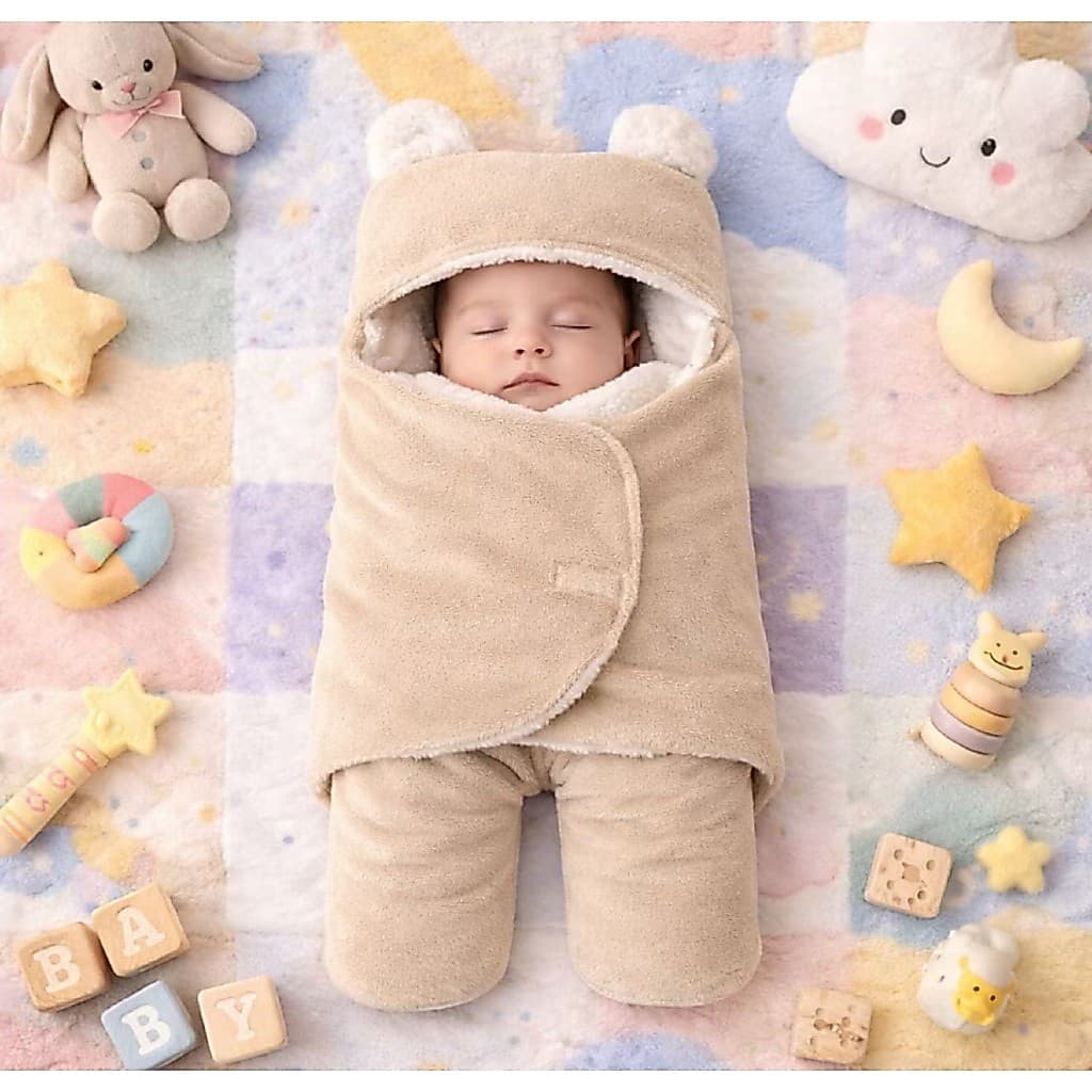 Saco de Dormir Soft Bebe Inverno Ursinho Forrado Sherpa Pele de Carneiro com Velcro e Orelhas