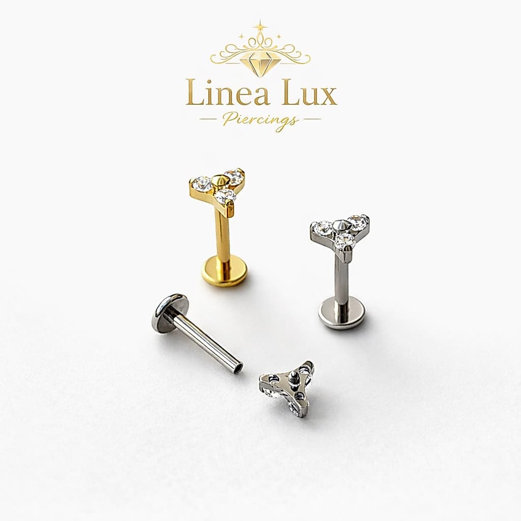Piercing Labret Titânio 3 Pedras Zircônia Ponto de Luz Antialérgico 1.2mm 8mm Orelha/Tragus/Helix Premium