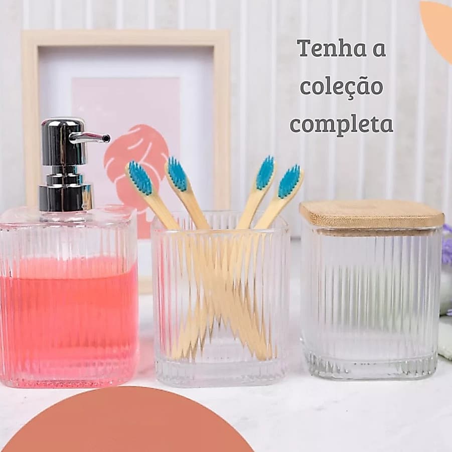 Porta Cotonete e Algodão de Vidro com Tampa de Bambu Lines