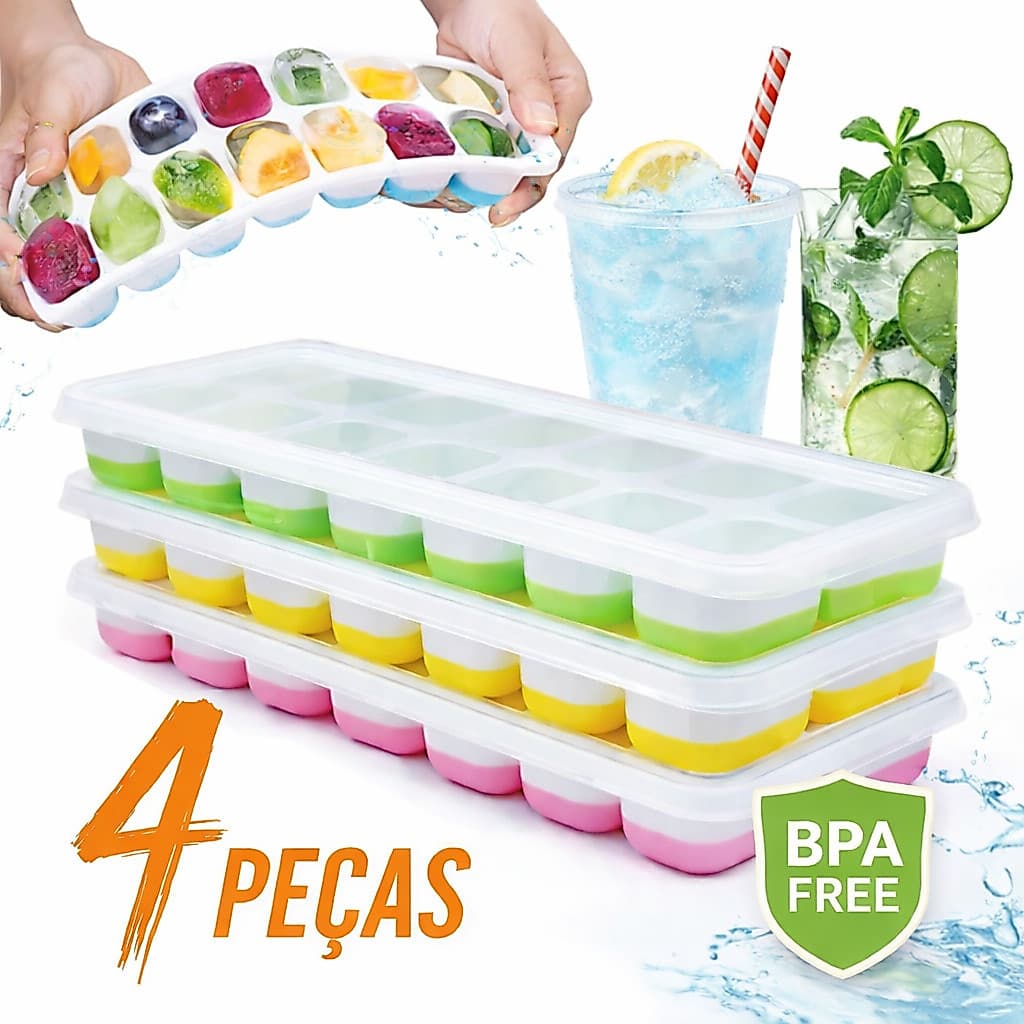 Kit 4 Formas de Gelo Silicone 14 Cubos com Tampa Rígida Fundo Flexível Desenforma Fácil Freezer