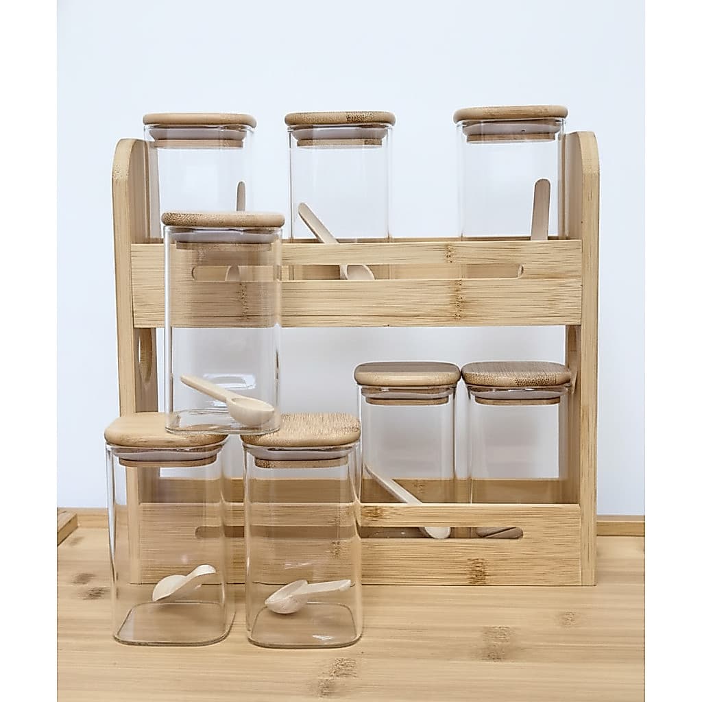 Kit 8 Potes De Vidro Com Base E 8 Colheres De Bambu Temperos
