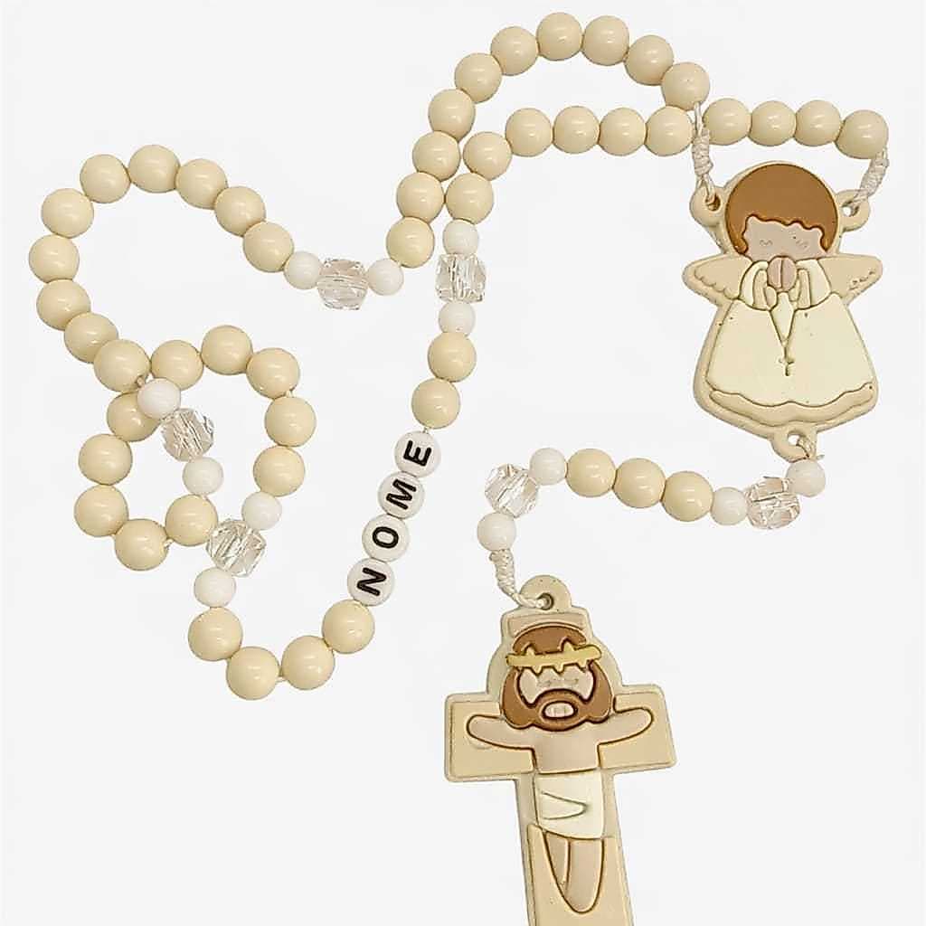 Terço Infantil Creme Personalizado com Nome Criança Batizado Comunhão Nome Chat