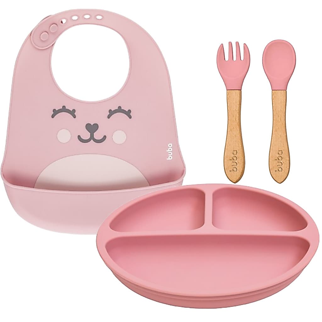Kit Refeição Bebê Buba Silicone Babador Prato Talheres Rosa