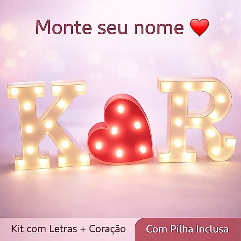 Kit 3 Luminárias LED (2 Letras + 1 Coração + Pilhas) Decoração Festa Aniversário
