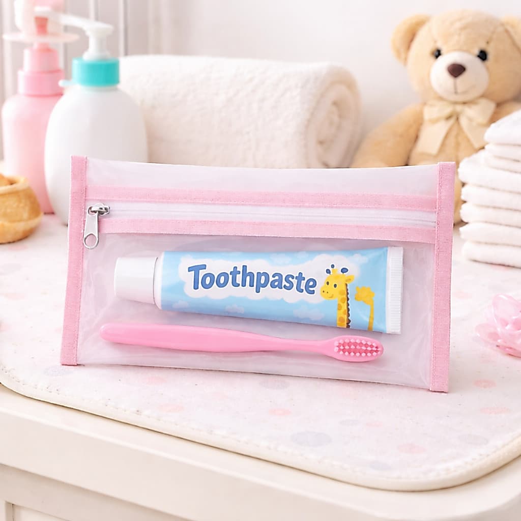 Saquinho para Higiene Bucal de Plástico Transparente com Zíper Infantil – Porta Escova e Pasta