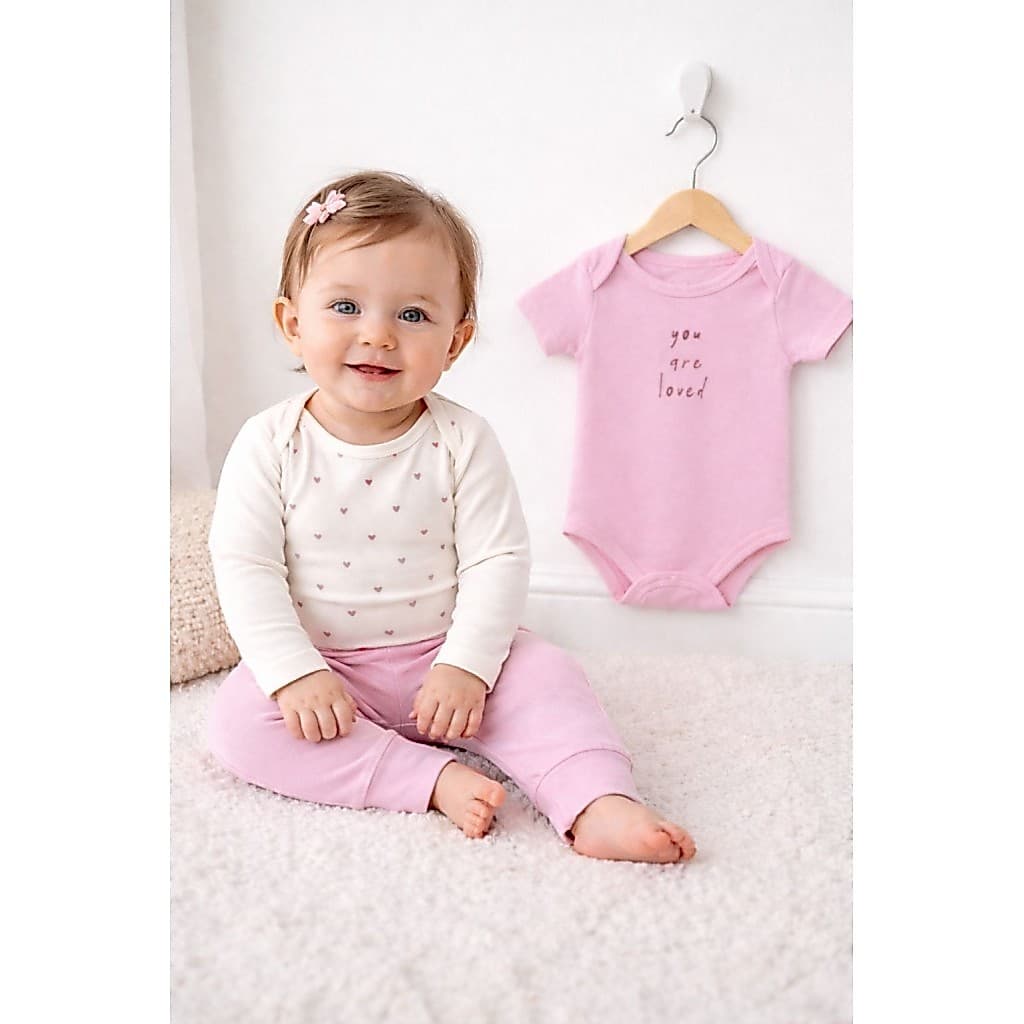 Kit Body 3 peças  Bebê Menina Suedine Mini Coração Minimalistas