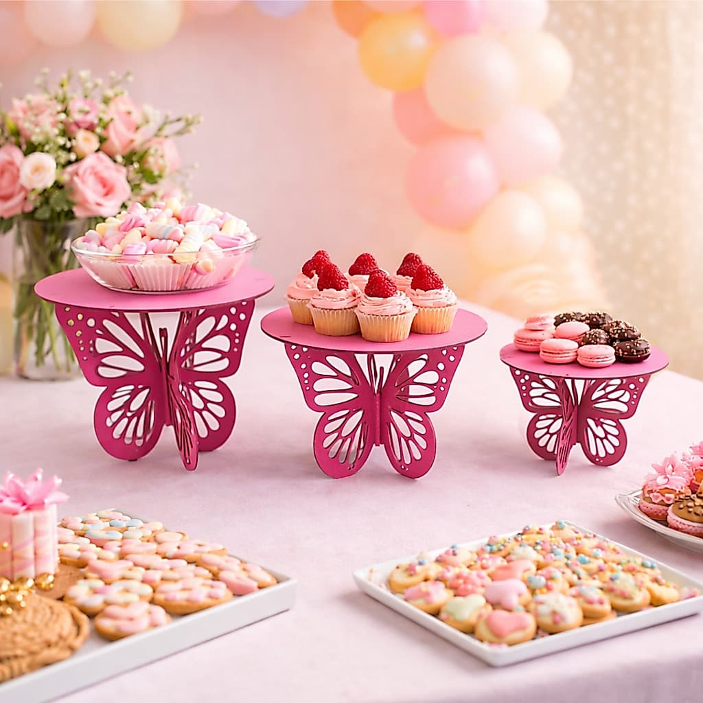 Kit Trio de Boleira Borboleta em MDF 3 Tamanhos Decoração Festa Jardim Encantado - cor Rosa